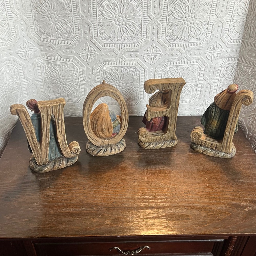 Vintage Noel Nativity Set 4 Piece Faux Wood Resin Christmas Decor Figurines